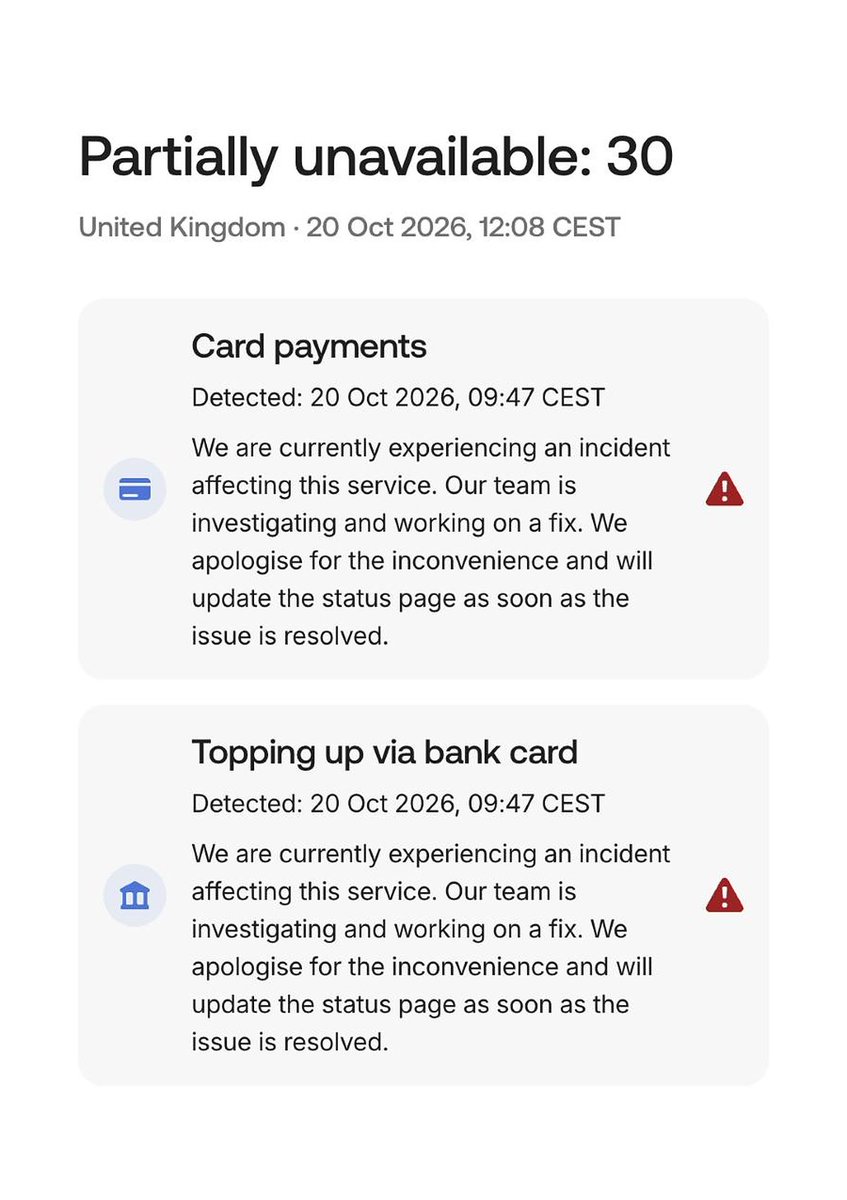 Revolut 狀態頁顯示英國卡付款及銀行卡增值發生事故