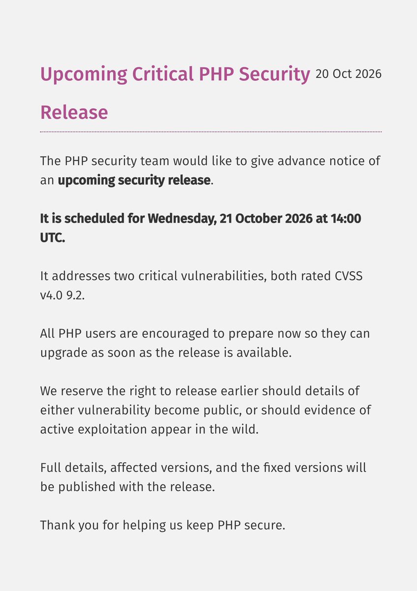 PHP 官網 10 月 20 日發出的安全更新預告