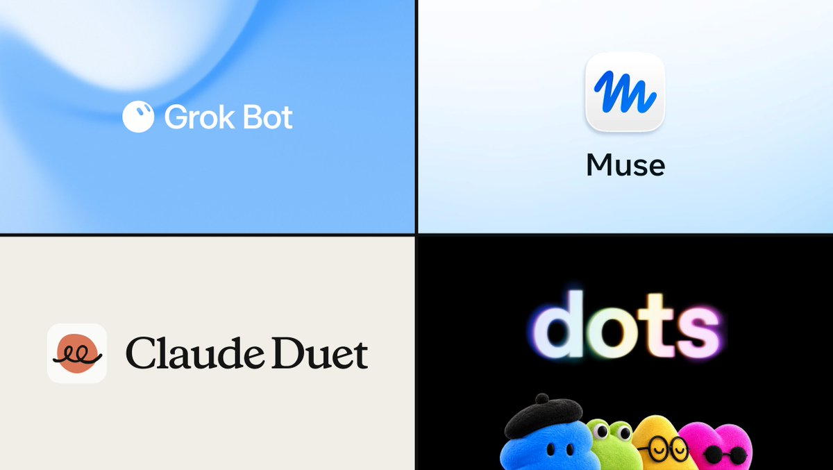 Grok Bot、Muse、Claude Duet 及 dots 四款個人 AI 代理的標誌