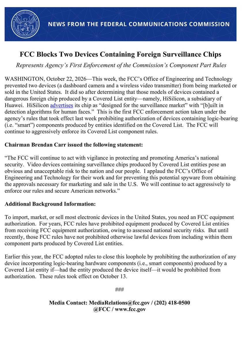 FCC 2026 年 10 月 22 日的新聞稿