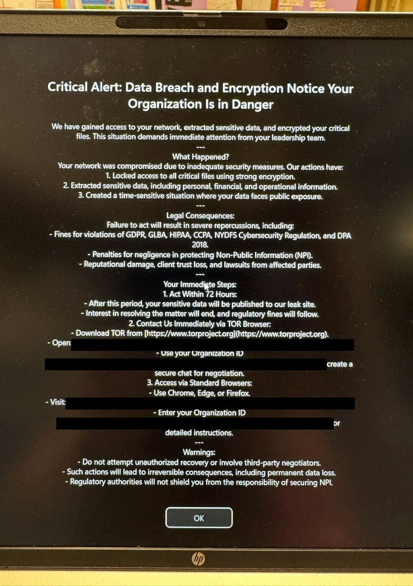 教職員手提電腦上彈出的勒索信，聯絡網址已遮蓋