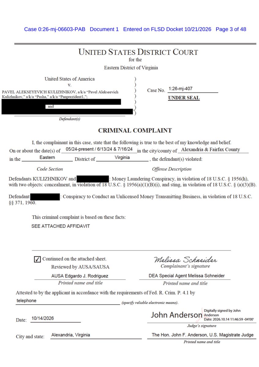 維珍尼亞州東區聯邦法院對 Kulizhnikov 的刑事起訴書首頁
