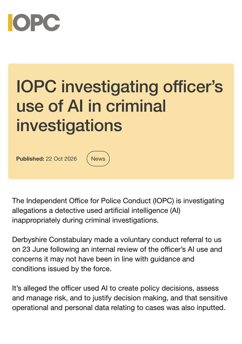 IOPC 2026 年 10 月 22 日發出的新聞稿，指探員涉嫌用 AI 制訂調查方向的決定、評估風險及輸入敏感案件資料