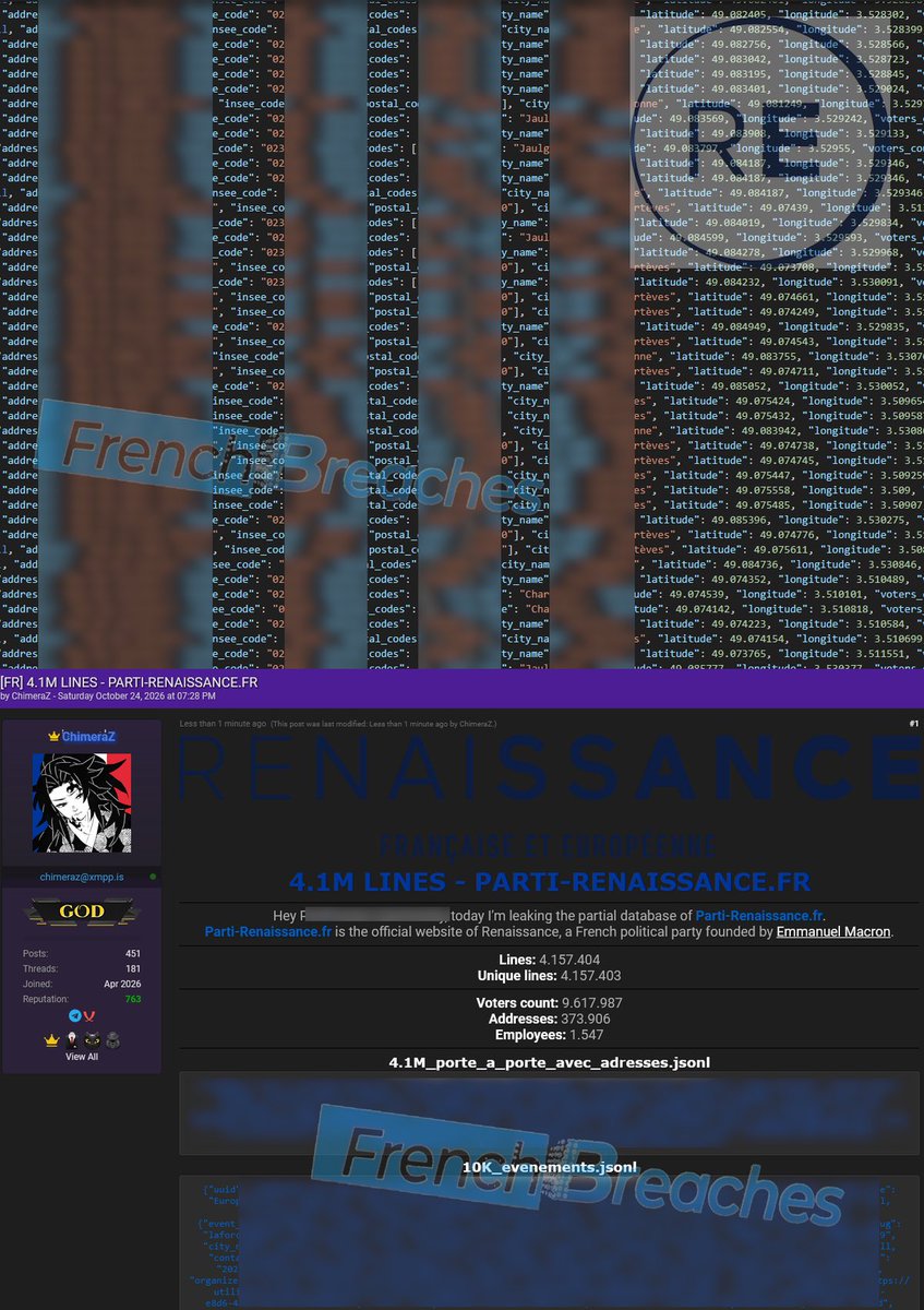ChimeraZ 10 月 24 日在論壇發出的帖文,標題為 4.1M LINES - PARTI-RENAISSANCE.FR,下方列出行數、地址及選民數
