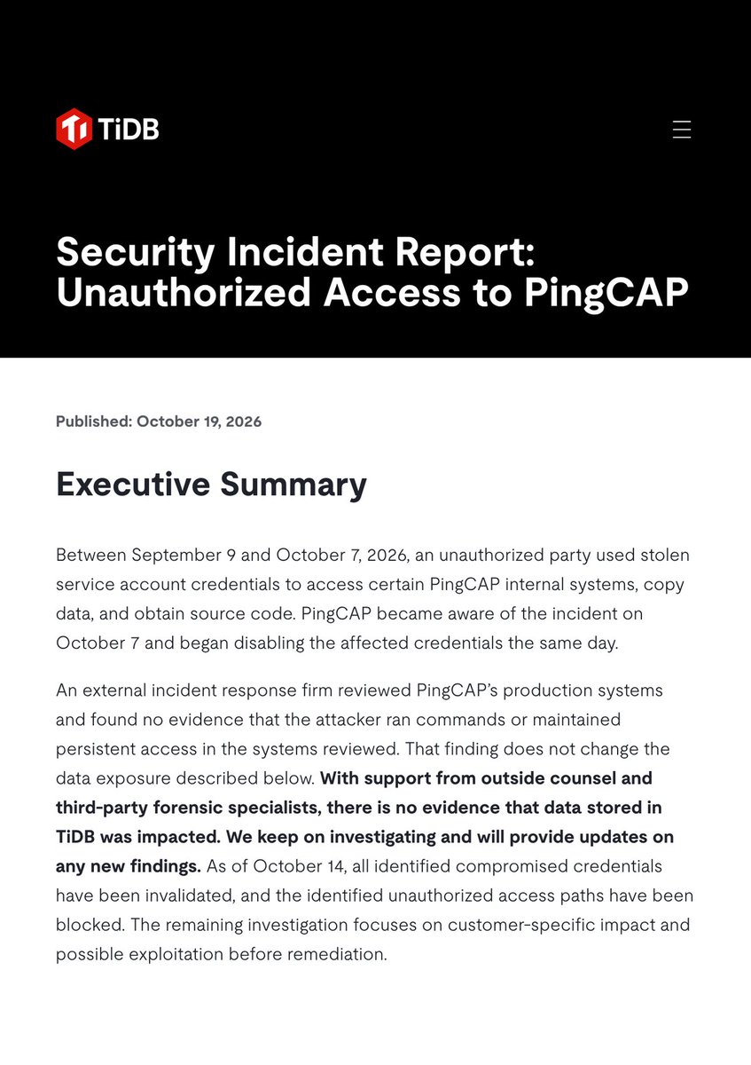 PingCAP 事故報告開首，列出 9 月 9 日至 10 月 7 日的入侵期