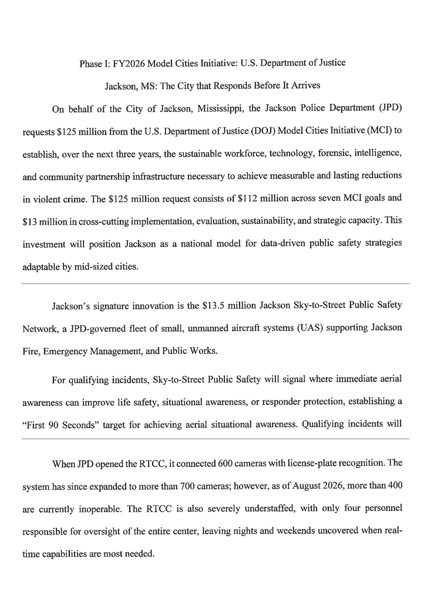 傑克遜警察局向司法部提交的模範城市計劃申請書節錄