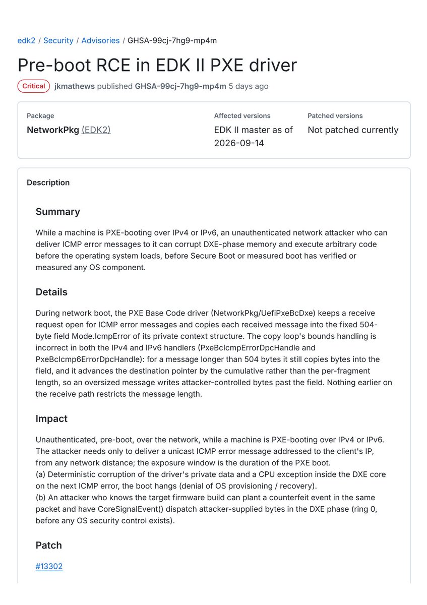 TianoCore 在 GitHub 公布的 GHSA-99cj-7hg9-mp4m 安全公告