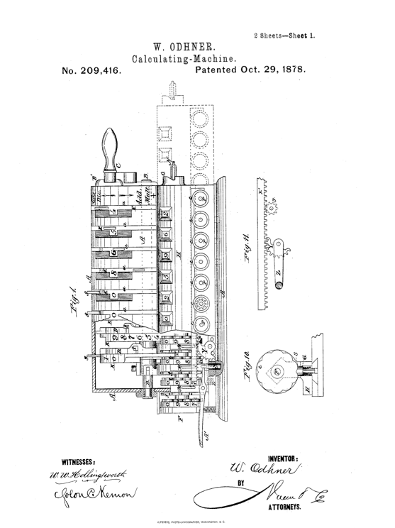 Odhner 1878 年美國專利第 209,416 號的第一頁圖則