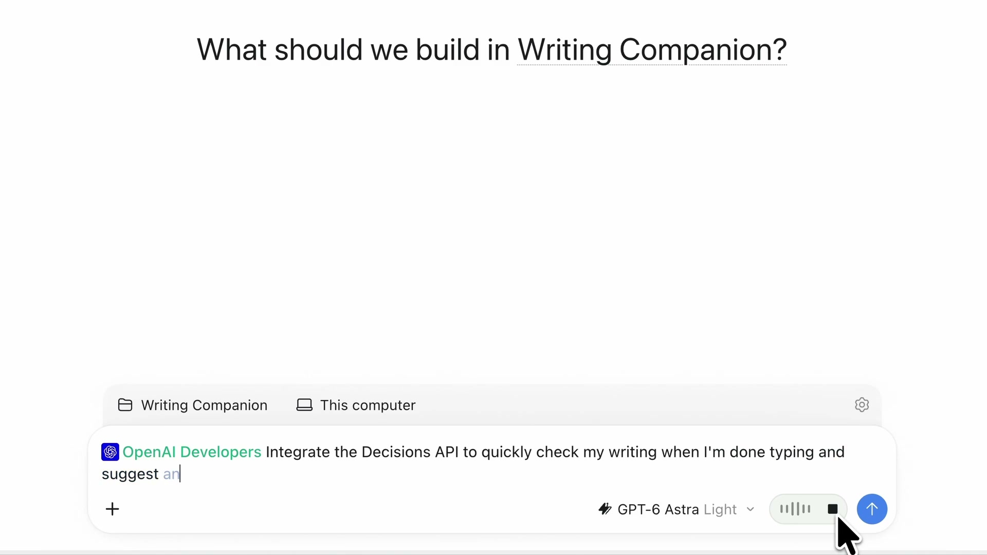 OpenAI 宣傳片段中,用戶在 ChatGPT 內透過 OpenAI Developers 插件要求接入 API