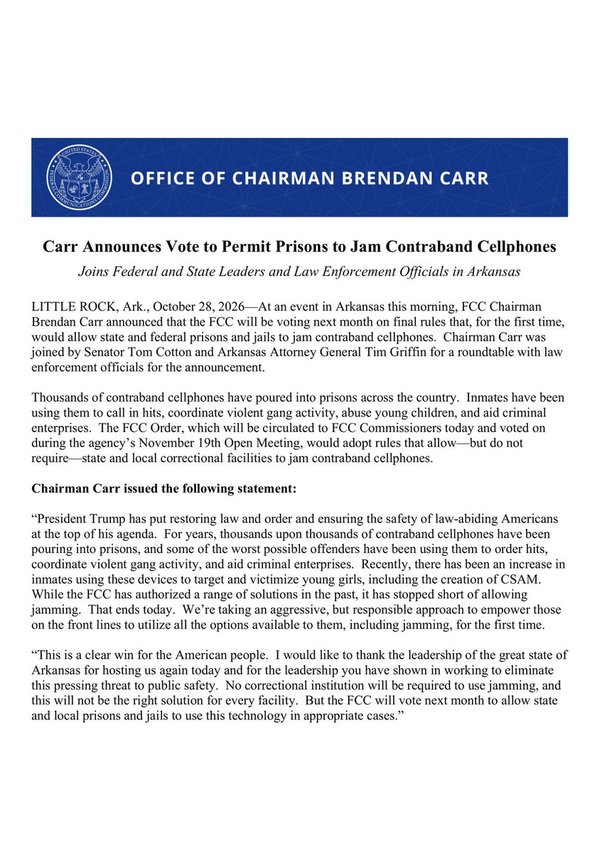FCC 主席辦公室的新聞稿，標題為 Carr Announces Vote to Permit Prisons to Jam Contraband Cellphones