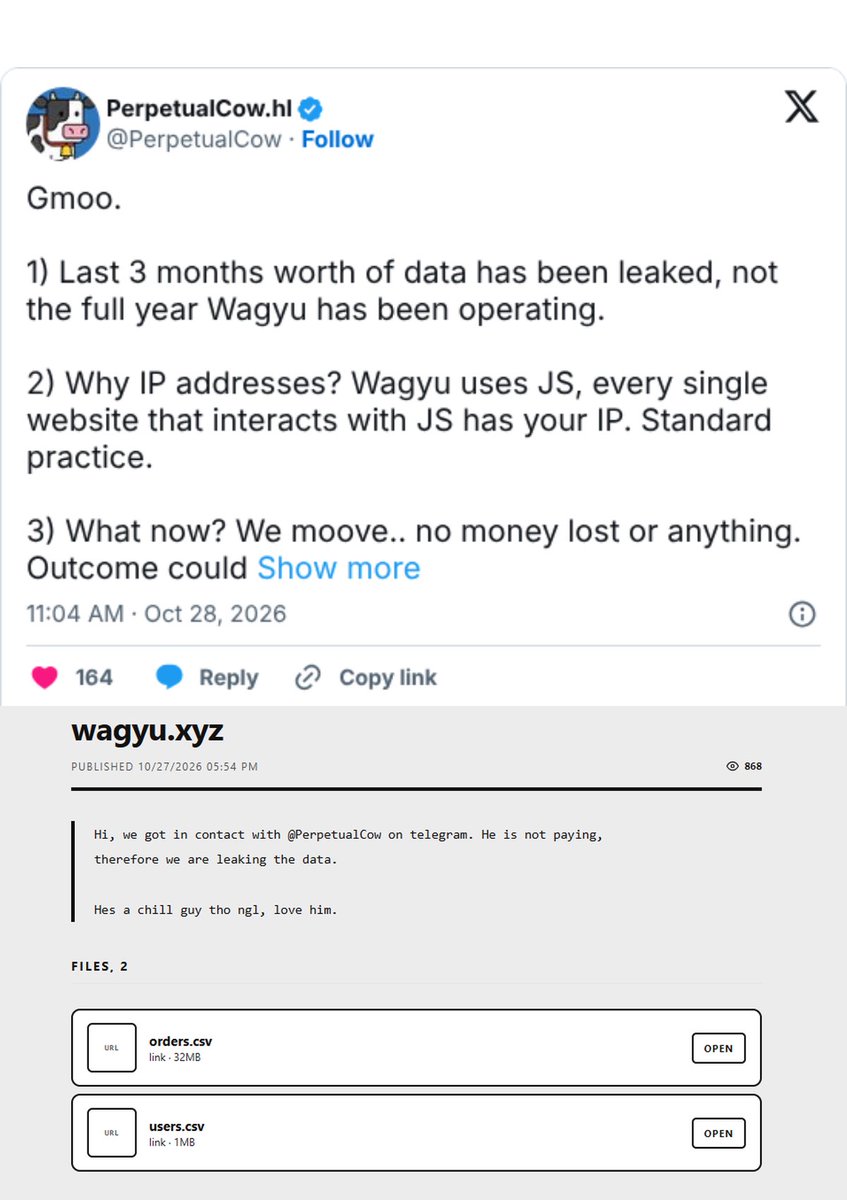 WhiteArmor 公開資料的帖文，以及 Wagyu 創辦人 PerpetualCow 的回應