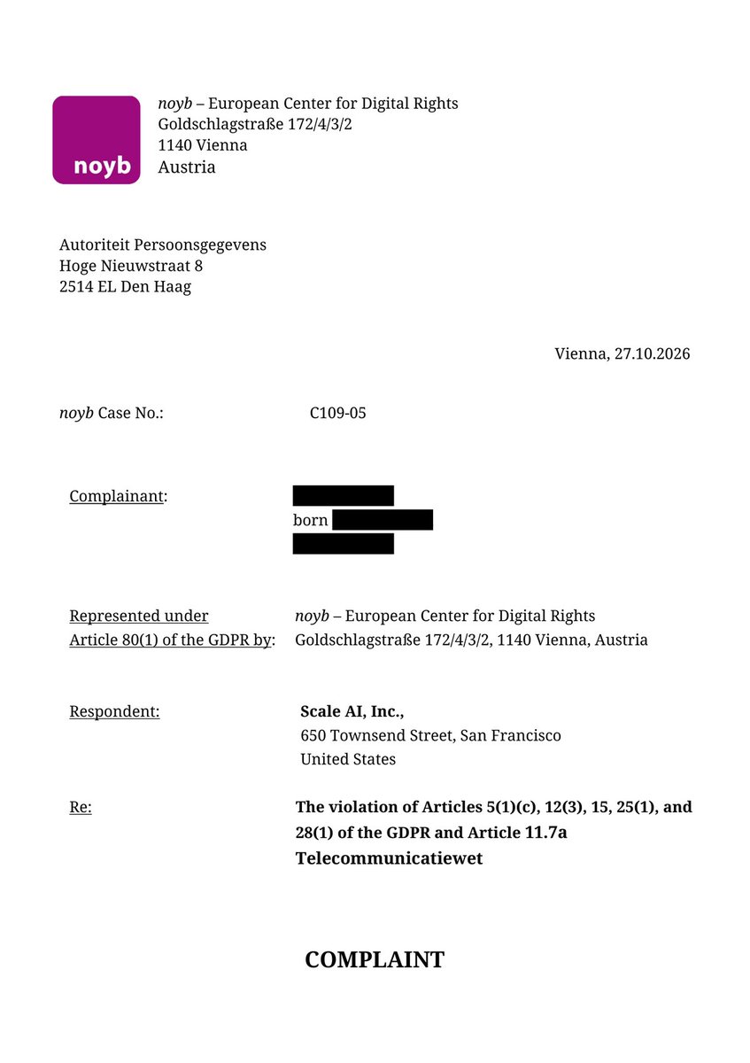 noyb 向荷蘭資料保障局提交的投訴書首頁