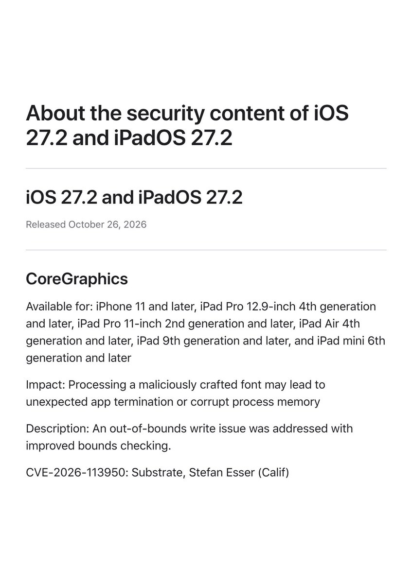 Apple iOS 27.2 安全說明中 CoreGraphics 一項