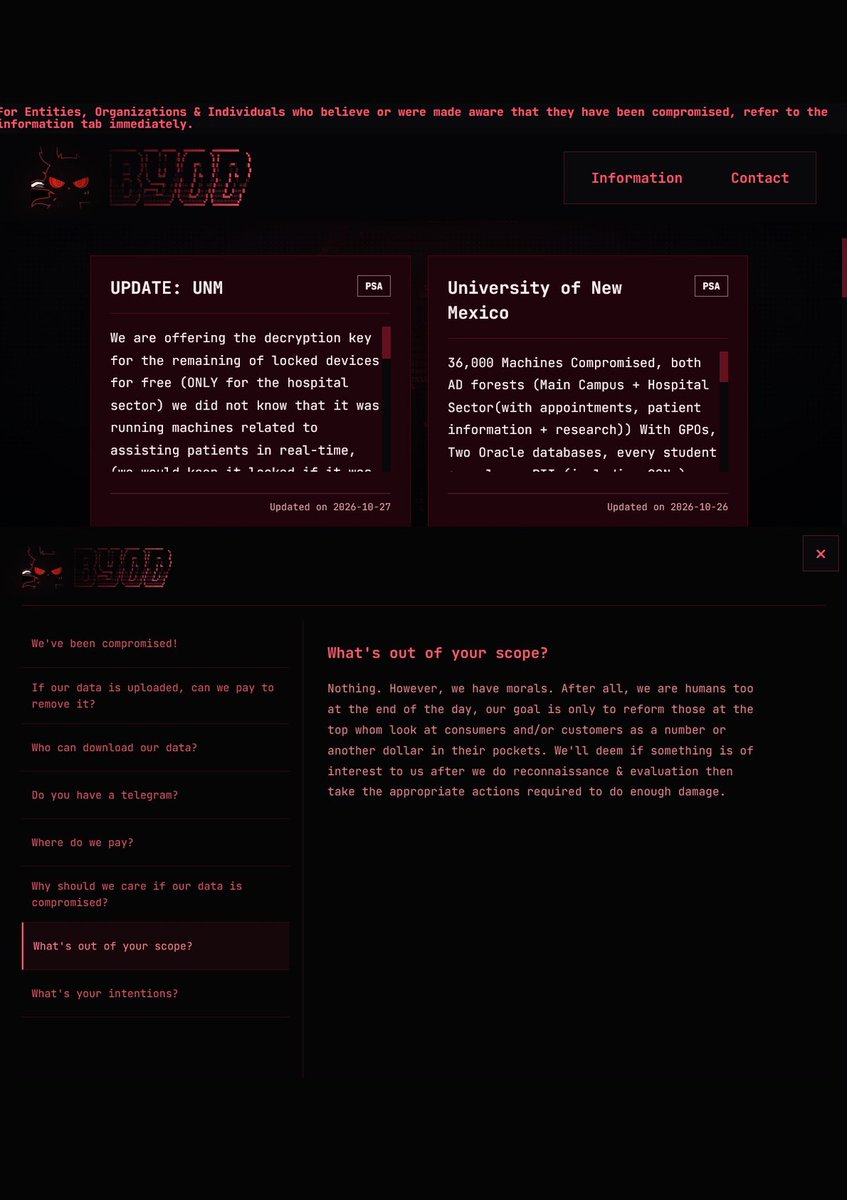 BYOD 洩密網站截圖,左邊是 10 月 27 日的「UPDATE: UNM」,右邊是 10 月 26 日聲稱 36,000 部機器被入侵的帖文
