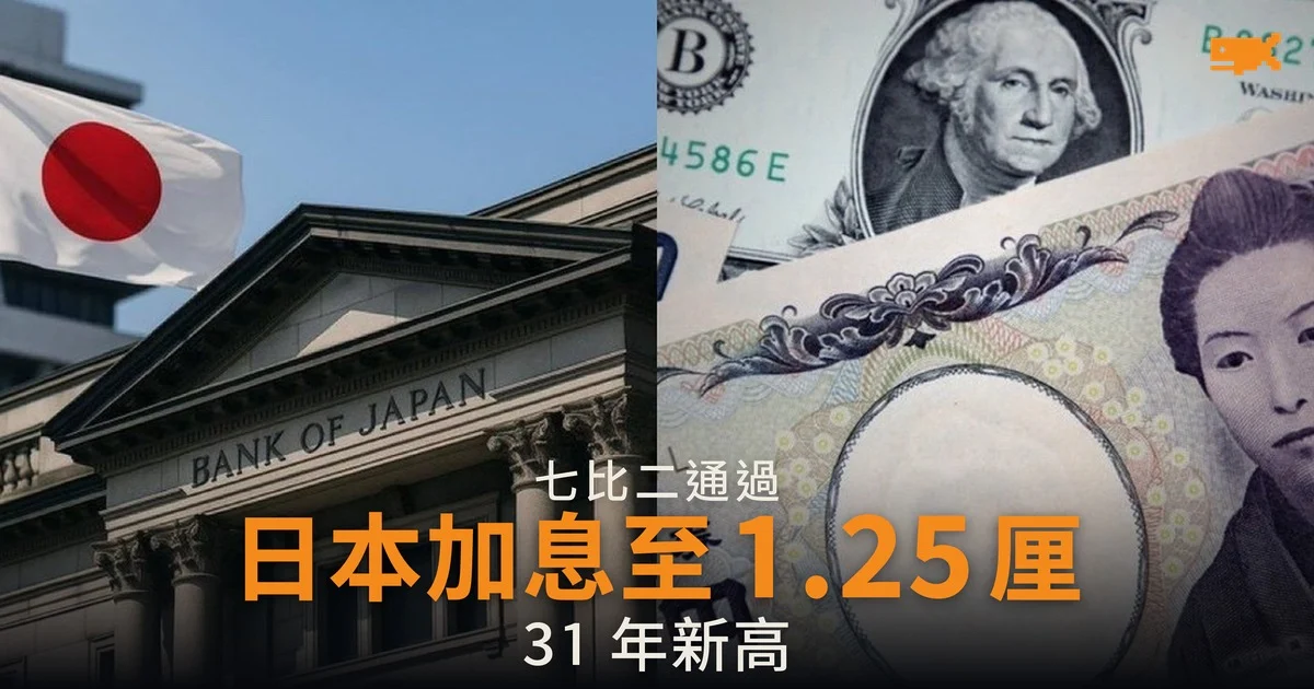 日本央行加息 25 點子至 1.25 厘 為 31 年高位