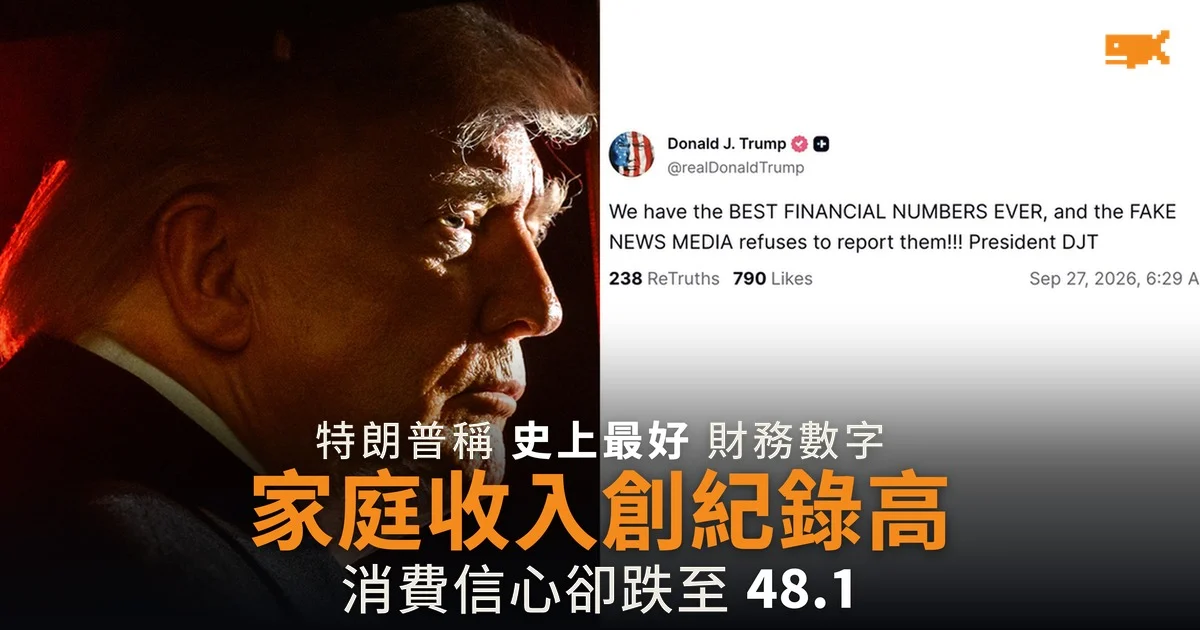 特朗普稱史上最好財務數字 收入創紀錄 消費信心卻跌至 48.1