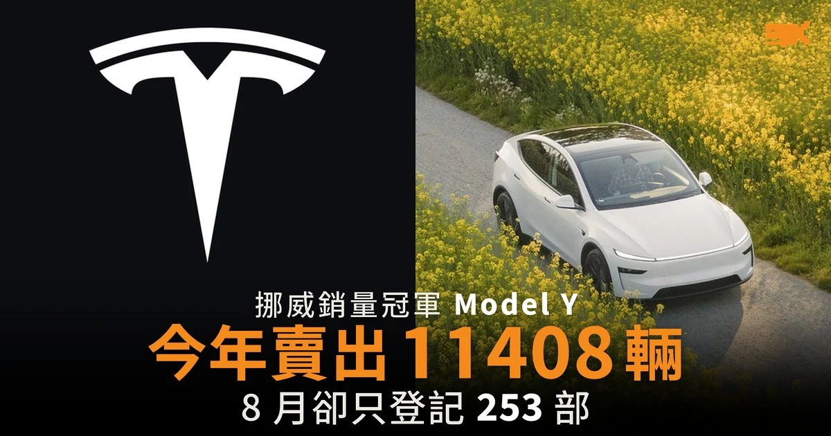 挪威冠軍 Model Y 今年賣 11,408 輛 8 月僅 253 部