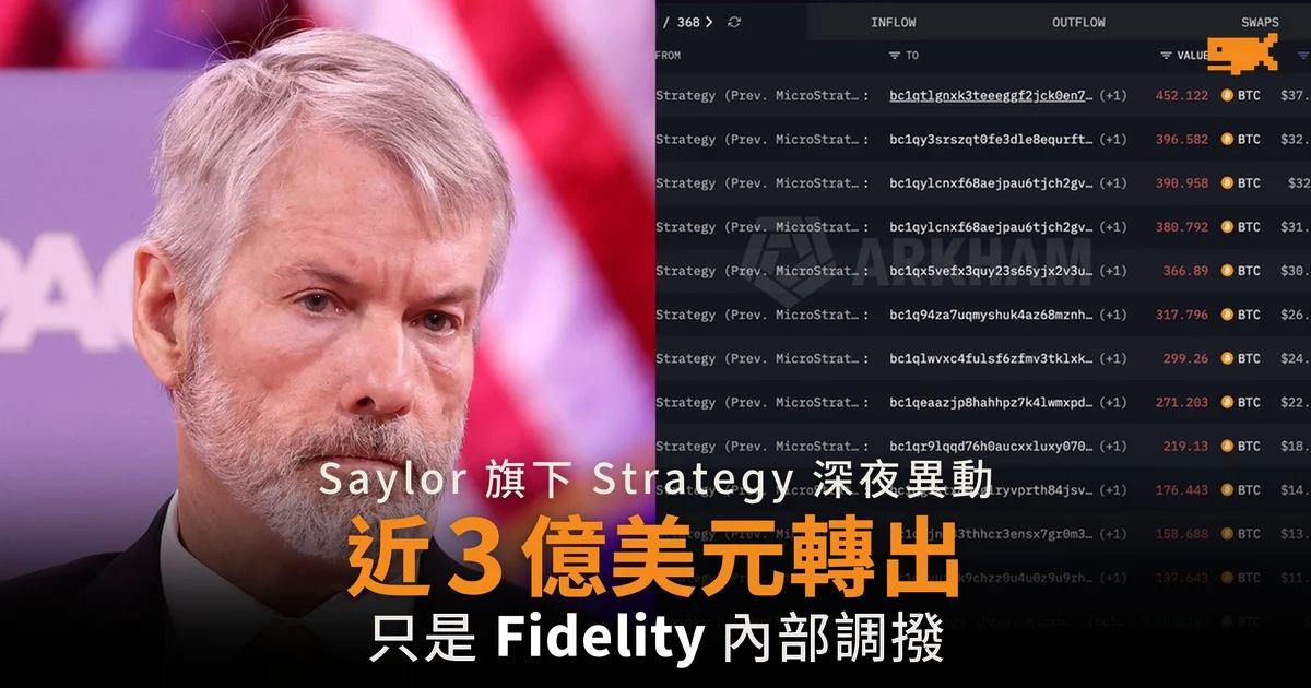 Strategy 近 3 億美元 BTC 轉出 只是 Fidelity 內部調撥