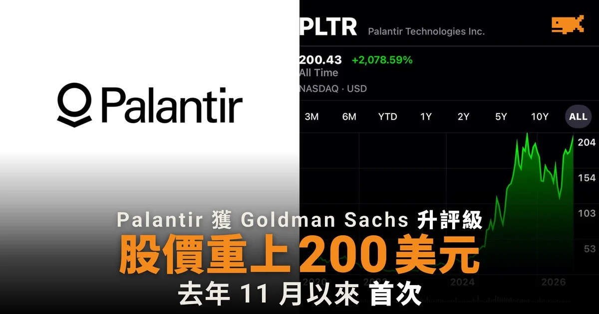 Palantir 獲 Goldman Sachs 升評級 股價重上 200 美元