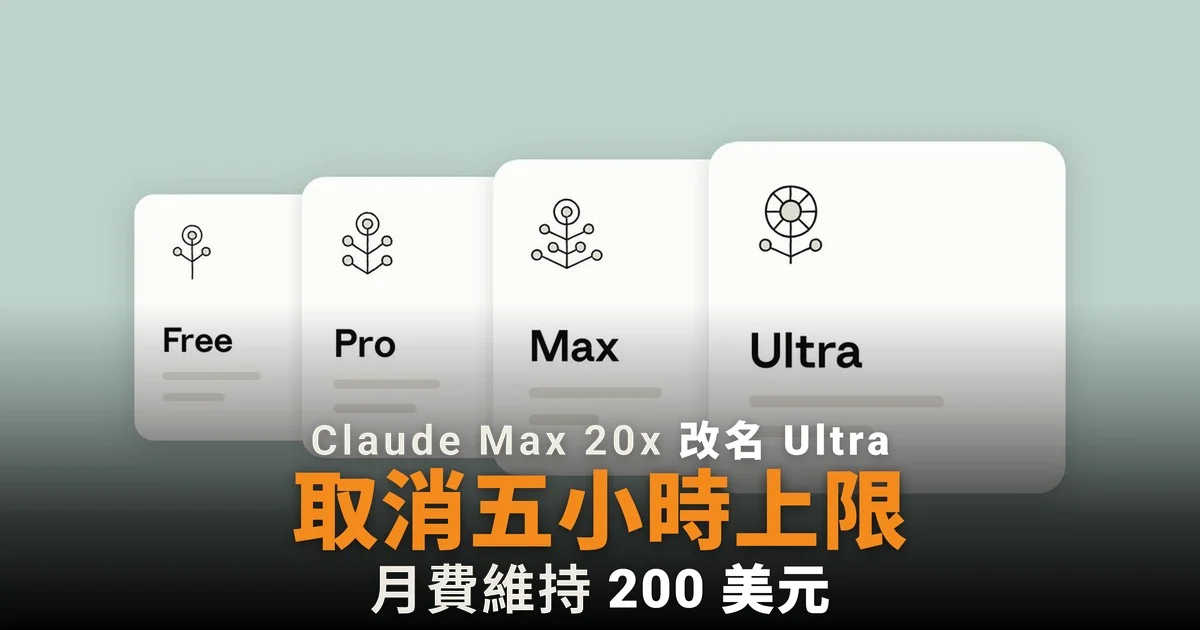 Claude Max 20x 改名 Ultra 取消五小時上限